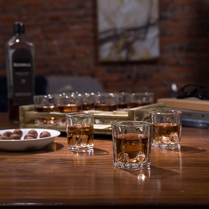 MyGift Shot Glass Serving Set Includes 12 Square Shot Glasses and Burnt Brown Wood Slotted Server Tray