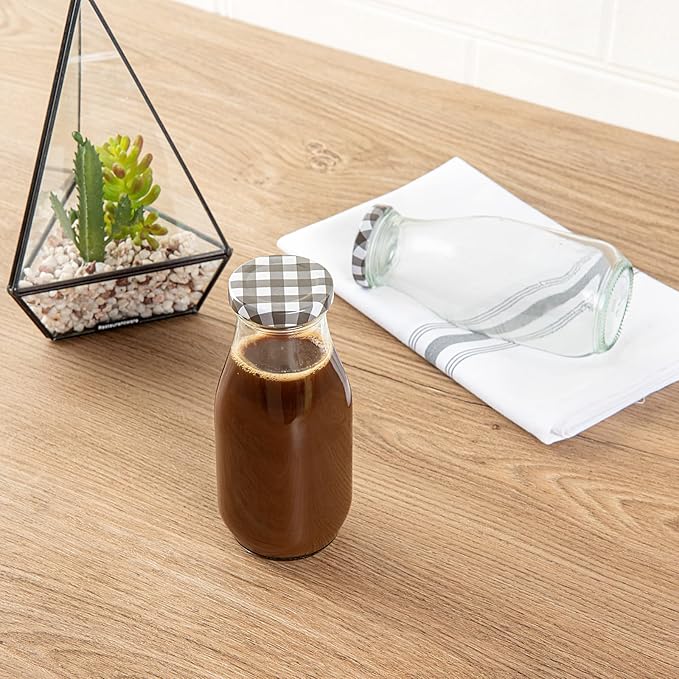 Restaurantware French Countryside 11 Ounce Glass Bottles 10 Durable Juice Bottles - With Black Plaid Lid Dishwashable Clear Glass Countryside Bottles For Hot And Cold Beverages