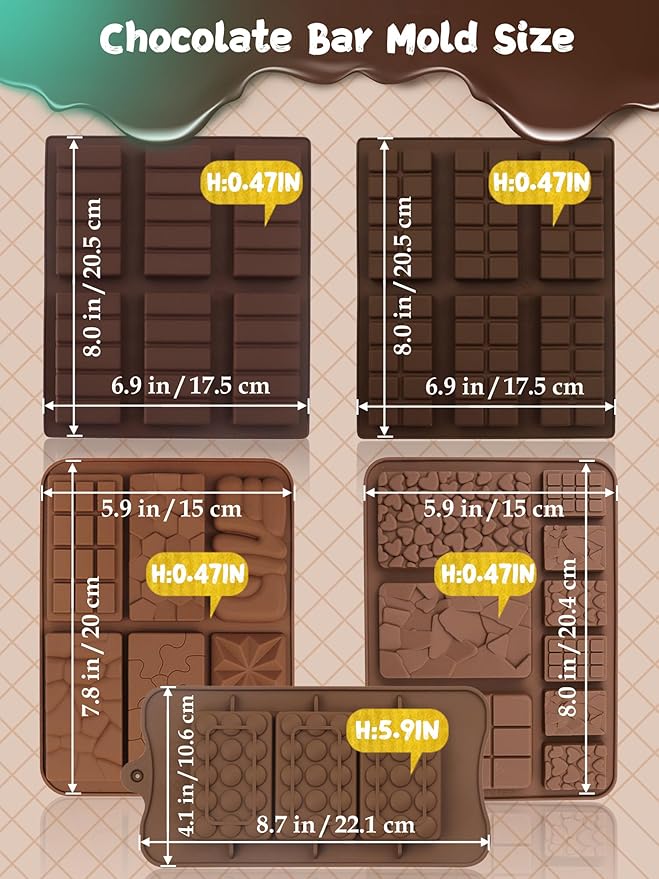 (120PCS) 6 Models Deep Chocolate Bar Mold - Food Grade Silicone Mold for Dubai Chocolate Bar Pistachio,With Recipes/Scraper/Wrapping Paper/Stickers