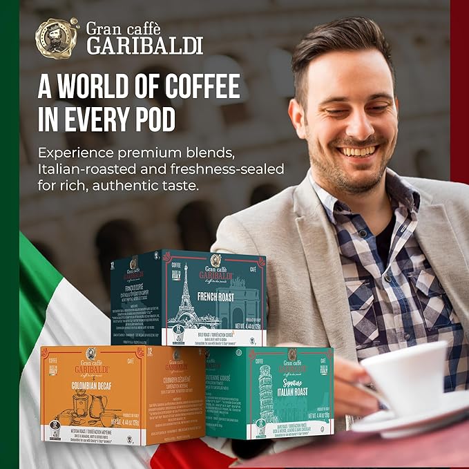 Caffè Garibaldi Italian Roast Coffee Pods, Single-Serve Capsules for Keurig K-Cup Brewers with 100% Arabica Blend, Single Serve Cups for Coffee Makers, Recyclable 12 Count K-Pods - Dark Roast