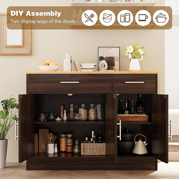 Vongrasig 43” Sideboard Buffet Cabinet with Storage, Farmhouse Coffee Bar with Drawers and Shelves, Wood Buffet Table for Kitchen Dining Room, Living Room, Rustic Brown