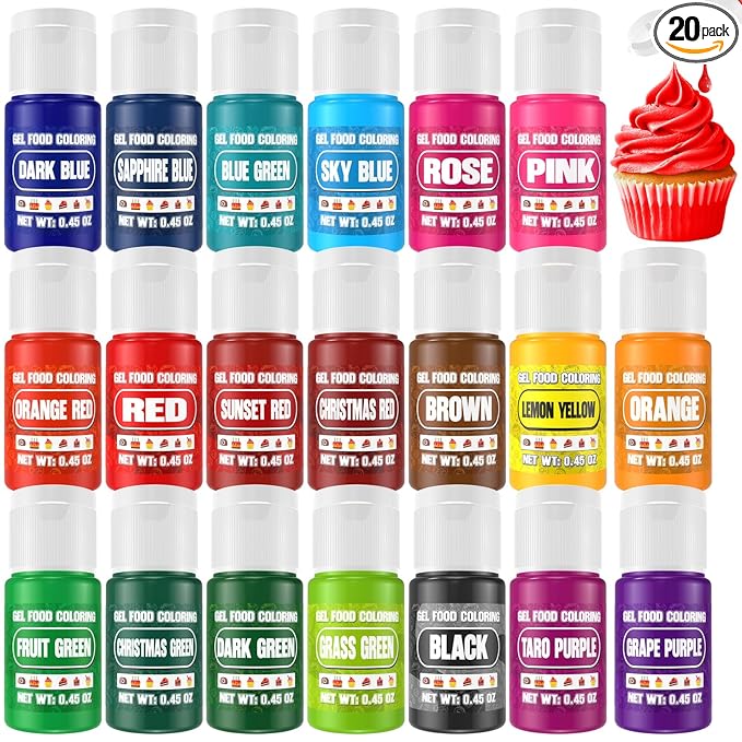 Gel Food Coloring - 20 Colors Gel Food Dye Set, Flavorless Vibrant Edible Concentrated Coloring for Baking, Cake, Cookie, Fondant, Icing, Macaron, Frosting - 0.45 Fl.Oz Bottles