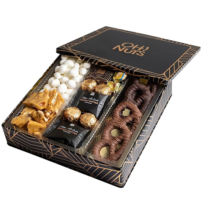 Oh! Nuts Chocolate Gift Basket - 6 Section Candy Square Metal Tin Box - Gourmet Assorted Chocolate Gifts Baskets - Healthy Chocolate Gifts Box for Birthday, Holiday, Corporate, Family, Men & Women