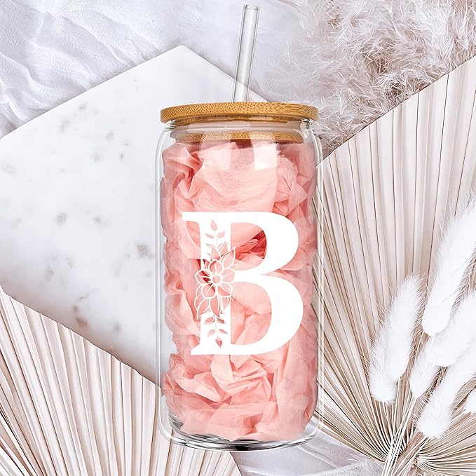Personalized Gifts for Women, Monogrammed Glass Cups with Lids and Straws, Custom Tumbler, Cute Customized Mug, Aesthetic Stuff, Initial Iced Coffee Cup, Drinking Glasses, Birthday Teacher Gifts, J