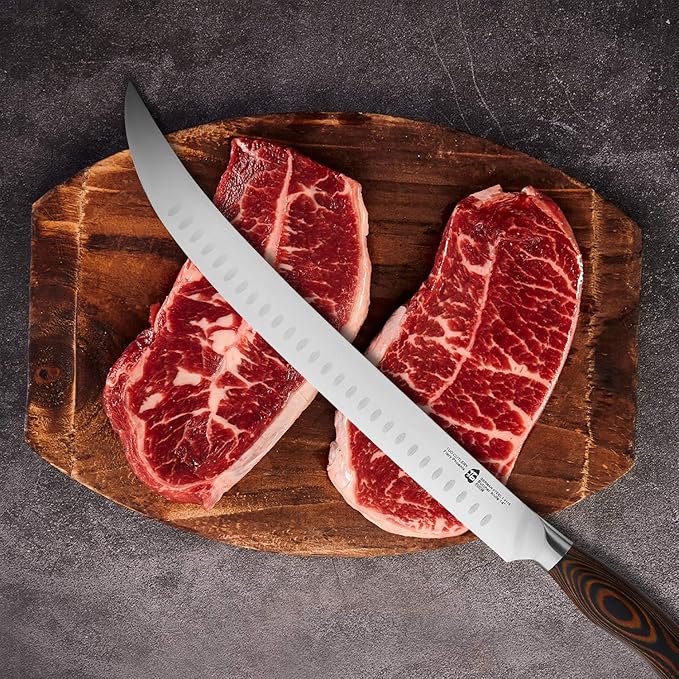 TUO Cimitar Butcher Knife - 14 Inch Butcher's Breaking Knife Long Meat Slicing Knives Pro Curved Slicer Carver - Forged German Steel with Full-Tang Pakkawood Handle - Fiery Series Gift Box Included