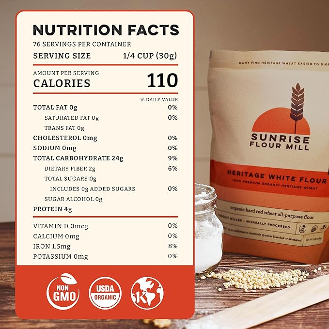 Sunrise Flour Mill Heritage Organic White Flour | USDA Organic All Purpose Flour Unbleached - Non-GMO, Kosher, Grown Without Glyphosate, High Protein for Baking, Unbromated White Wheat (80 Ounce (Pack of 1))