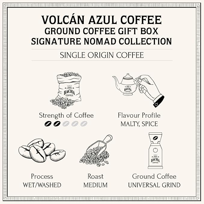Bacha Coffee | Volcán Azul Single Origin Signature Nomad Collection, 100% Arabica Specialty Coffee, Ground Beans, Medium Roast, 250g