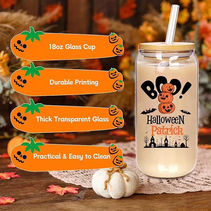 Personalized Halloween Tumbler-Boo Basket Stuffers- Can Shaped Glass with Lids and Straws18OZ -Halloween Gifts for Men Women Kids Son Daughter