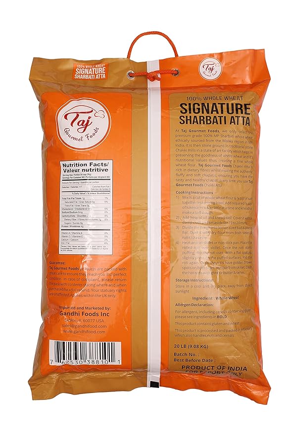 TAJ Signature Sharbati Atta 20-Pounds (Chakki Atta - Stone Ground), 100% Whole Wheat Flour, Chappati Flour