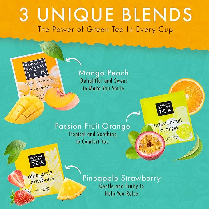 Hawaiian Natural Organic Tropical Fruit Tea Sampler - Green, Black, White Tropical Fruit Tea Blends, Gift Box Set For Special Occasions - 48 Bags