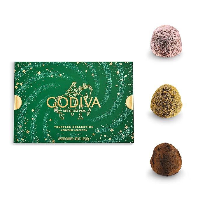 Godiva Holiday Signature Truffle in Green Gift Box, Belgian Dark and Milk Chocolates with Ganache Centers, Gourmet Christmas Gift, Non-GMO & Kosher, 15 Pc