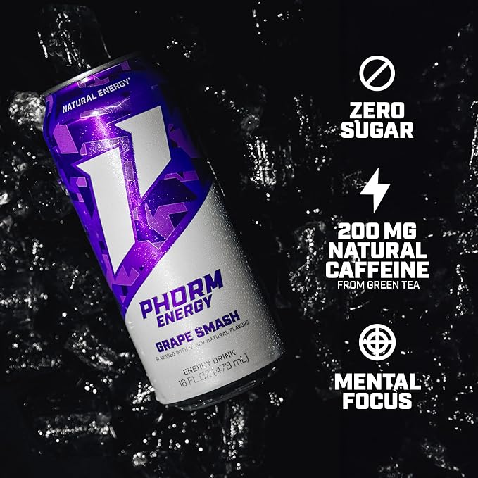 Phorm Energy Drink, Grape Smash Flavor, 200 MG Natural Caffeine From Green Tea, Sugar Free Carbonated Drink With Electrolytes & Vitamin B12, Dairy & Gluten Free, Vegan, 16 FL Oz Cans, 12 Pack