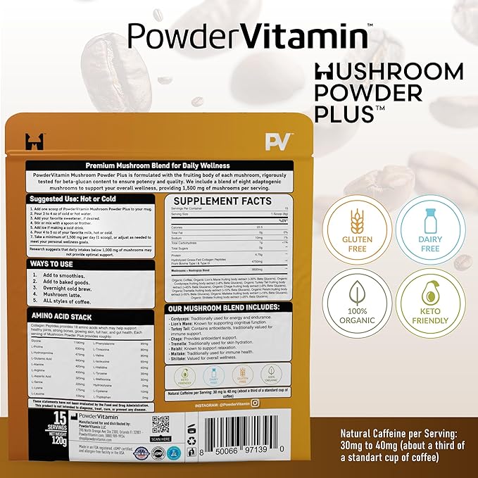 PowderVitamin Organic Mushroom Coffee Certified Mold & Mycotoxin Free GrassFed Collagen Types I & III 8 Fruiting Body Mushrooms Tested for BetaGlucans Focus Energy Digestion & Immunity 15 Servings
