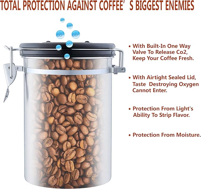 Coffee Container Vacuum Sealed - with Co2 Valve Airtight Beans Grounds Storage Coffee Canister with Scoop Medium Copper 16oz