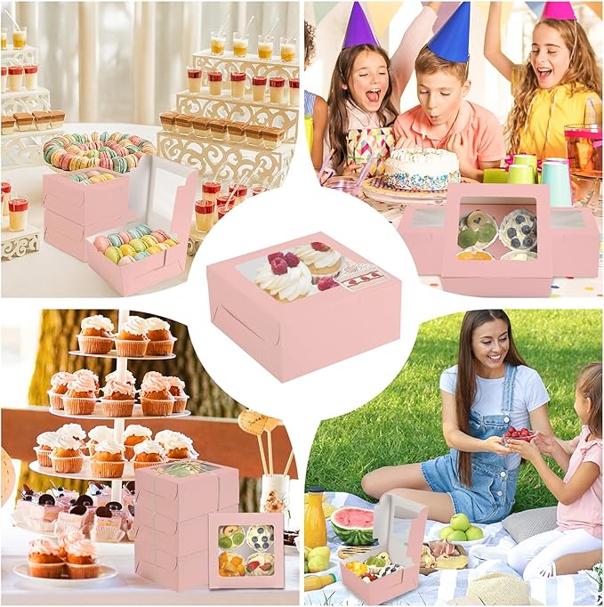 OAMCEG 50 Pack Cookie Boxes with Window, 6x6x3 Inches Pink Cupcake Boxes, Bakery Treat Boxes with Stickers & Twine for Pastry, Desserts, Strawberries, Cupcakes, Gift Giving