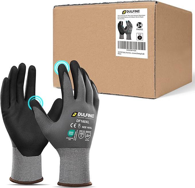 DULFINE Safety Work Gloves MicroFoam Nitrile Coated-24 Pairs Pack,Seamless Knit Nylon Glove with Black Micro-Foam Nitrile Grip,Ideal for General Purpose,Automotive,Home Improvement,Painting(Large)