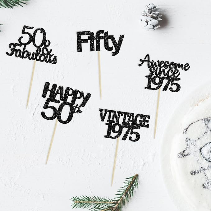 Gyufise 30Pcs Vintage 1975 Cupcake Toppers 50th Birthday Cake Decorations Cheers to 50 Fabulous Fifty Cupcake Picks 50th Birthday Wedding Anniversary Party Cake Decorations Supplies Black