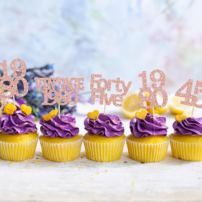 Gyufise 24Pcs 45th Birthday Cupcake Toppers Glitter Cheers to 45 Fabulous Forty Five Vintage 1980 Cupcake Picks 45th Birthday Wedding Anniversary Party Cake Decorations Supplies Rose Gold