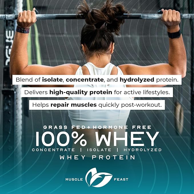 Muscle Feast 100% Grass Fed Whey Protein Powder, All Natural Hormone Free Paure Raised Whey Protein Powder for Women & Men- Whey Concentrate, Isolate & Hydrolyzed Protein Powder Blend- Unflavored, 2lb