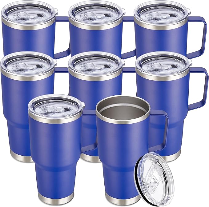 30 oz Tumbler with Handle and Lid, Stainless Steel Tumblers Bulk Double Wall Vacuum Insulated Travel Mug Leak Proof Cup Keep Drinks Cold and Hot Blue, 8 Pack