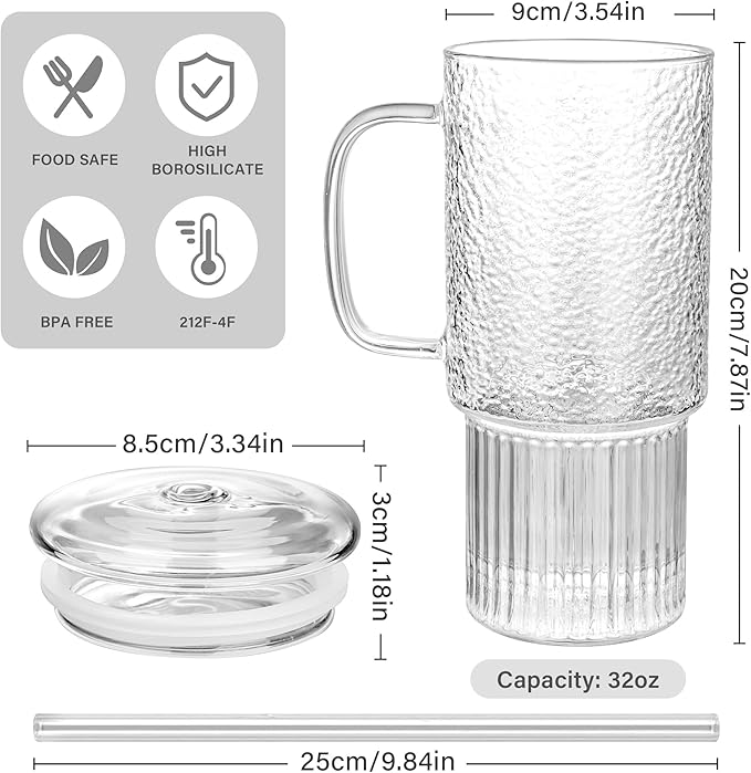 32oz Glass Cups with Handle Lids and Straws, Borosilicate Glass Tumblers for Iced Coffee, Smoothies, Fruit Drinks. Reuseable Glasses Cups for Cold/Hot Water (glass lid 1 pack)