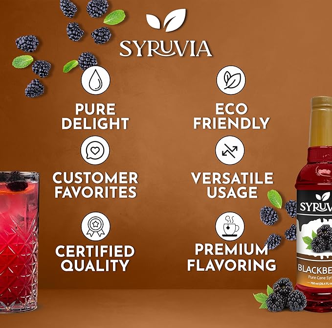 Syruvia Blackberry Syrup - 25.4 fl oz. Kosher and Gluten-Free. Ideal for Enhancing Drinks, Sodas, Shakes, Desserts, and More.