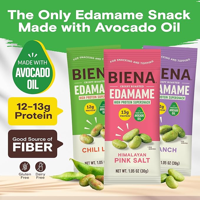 Biena Crispy Roasted Edamame Beans Snack – High Protein Low Carb Snack for Adults & Kids, 12g-13g Protein per Serving - Made w/Avocado Oil – Vegan, Gluten-Free – 18-Pack 1.05oz Variety Pack