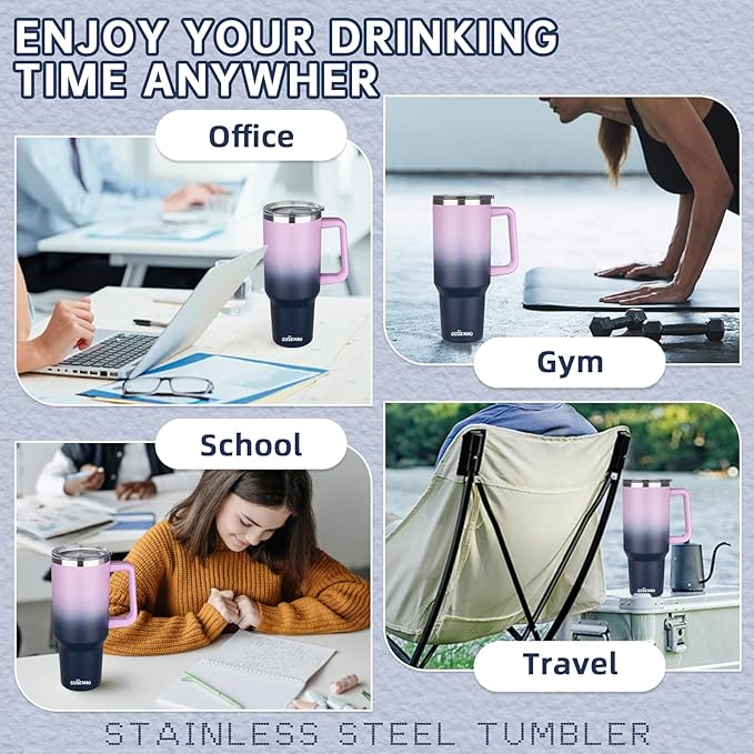 40 oz Insulated Coffee Mug with Ceramic Coating, Stainless Steel Travel Mug Tumbler with Handle Lid and Straw, Double Wall Leak-Proof Coffee Travel Mug Keeps Drink Hot and Cold (Purple Navy)