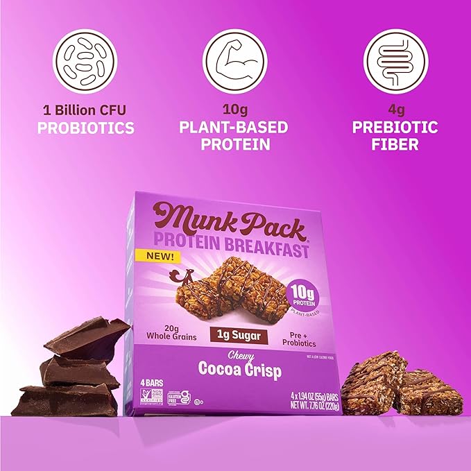 Munk Pack Probiotic Protein Bars - Cocoa Crisp | 10g Plant Protein, 1g Sugar, 6g Fiber | Diabetic-Friendly Ideal Breakfast Bars - On-the-Go Snacks, Gluten-Free, Non-GMO | 12 Count
