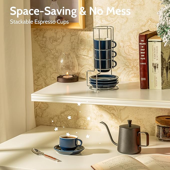 Sweese 2.5 Ounce Porcelain Stackable Espresso Cups with Saucers and Metal Stand Set of 4, Navy
