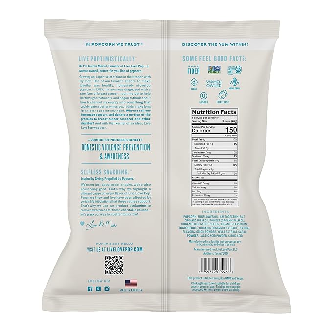 Live Love Pop White Cheddar Flavored Gourmet Popcorn, 1.0 Oz (Pack of 12), Healthy Snack, Gluten Free, Vegan & Non-GMO, Mission Driven Munchies