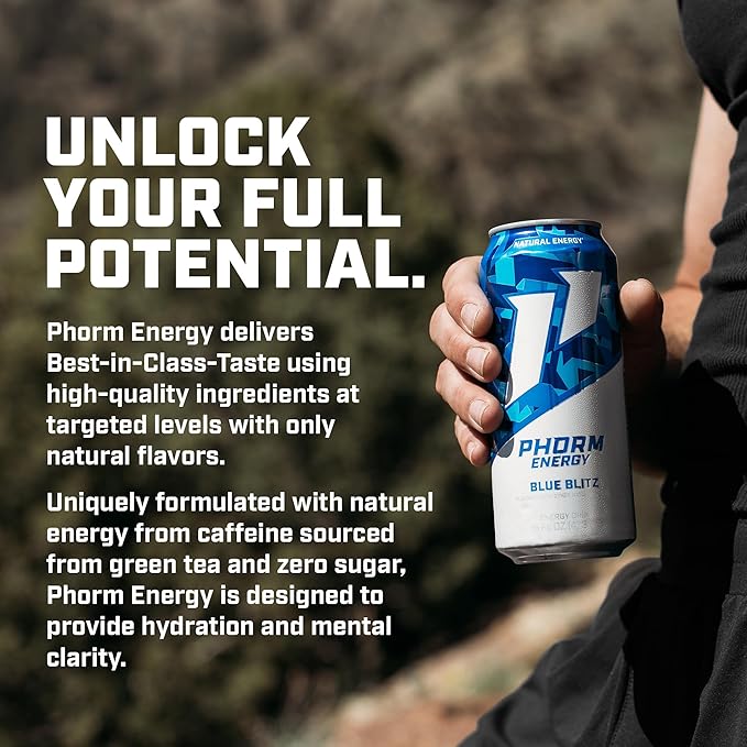 Phorm Energy Drink, Blue Blitz Flavor, 200 MG Natural Caffeine From Green Tea, Sugar Free Carbonated Drink With Electrolytes & Vitamin B12, Dairy & Gluten Free, Vegan, 16 FL Oz Cans, 12 Pack