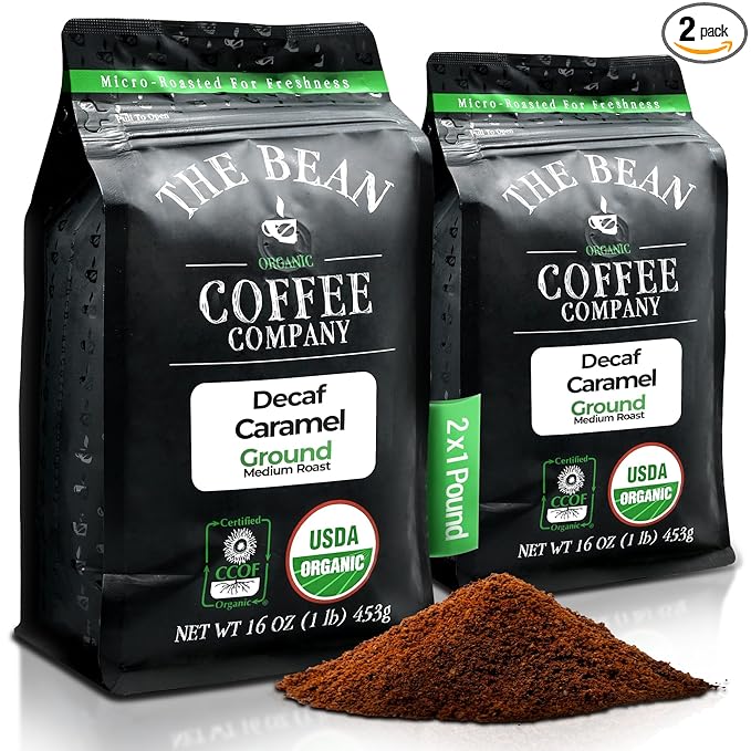 The Bean Organic Coffee Company Water Processed DECAF Caramel, Medium Roast, Ground Coffee, 16-Ounce Bags (Pack of 2), Café Molido Tostado Orgánico descafeinado