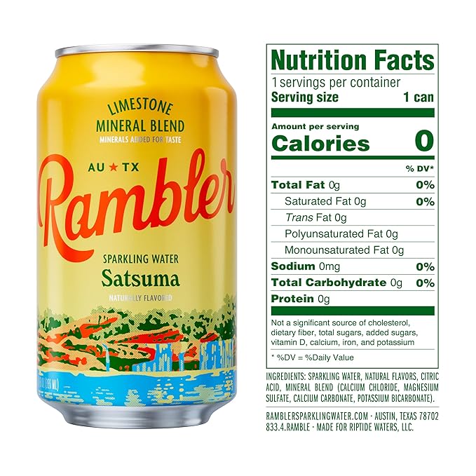 AUTX RAMBLER Sparkling Water, Texas Limestone Mineral Blend, Satsuma Flavor, 12-Ounce Cans, Three 8-Packs (24 Cans)