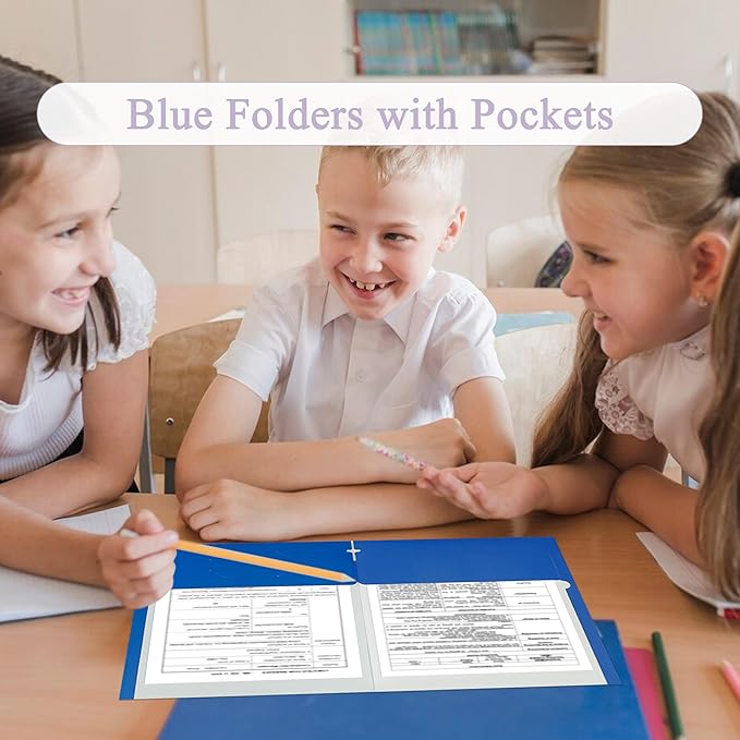 Zzrywuty File Folders with Pockets Letter Size, 100-Pack Paper Folders with Card Slot, Two Pocket Folders for School Students, Businessmen, Home and Office Workers（Blue）