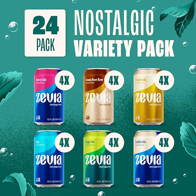 Zevia Zero Sugar Soda, Nostalgic Variety Pack, 12 oz Cans (24-Pack) – Naturally Sweetened, Non-GMO Project Verified, Gluten-Free, Vegan