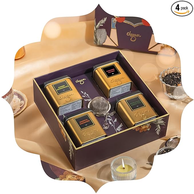 CHAYAM Tea Tranquility Gift Box – 4 Premium Loose Leaf Teas + Stainless Steel Infuser – Wellness Tea Gift – Green, Masala, Kahwa, Ginger Lemongrass – 125+ Cups / 8.82 oz
