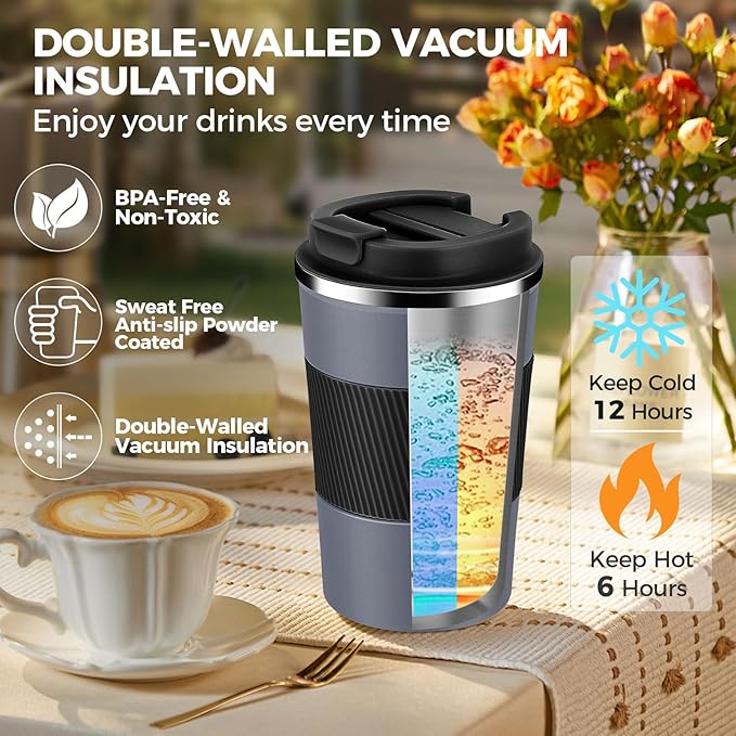 Volhoply 13 oz Stainless Steel Insulated Travel Coffee Mug with Fip Lid Bulk 2 Pack,Reusable Double Wall Vacuum Metal Coffee Cup,Portable Leak Proof Thermal Tumbler for Hot & Cold Drinks(Gray,2)