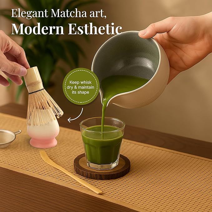 Matcha Whisk Set,includes Matcha Bowl,Matcha Whisk and Holder by Bamboo, Spout, Matcha Sifter Strainer Spoon Scoop Chasen Holder Towel- Perfect Japanese Matcha Set(8 Pcs Pink)