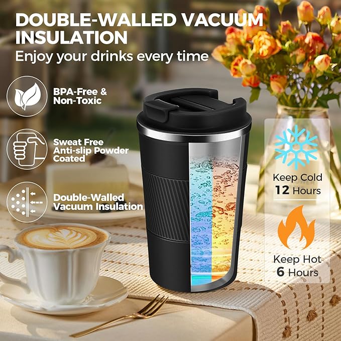 Volhoply 13 oz Stainless Steel Insulated Travel Coffee Mug with Fip Lid Bulk 2 Pack,Reusable Double Wall Vacuum Metal Coffee Cup,Portable Leak Proof Thermal Tumbler for Hot & Cold Drinks(Black,2)