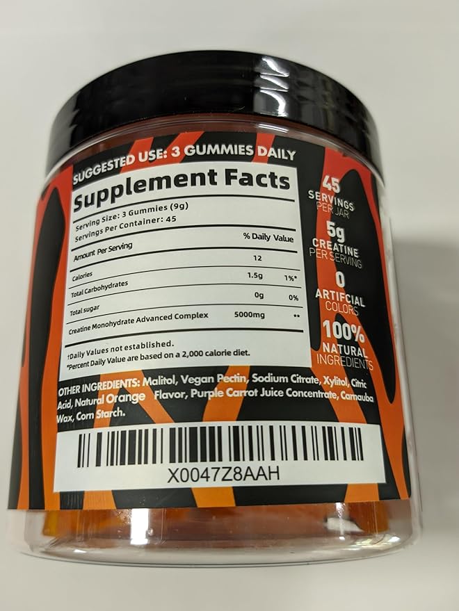 Creatine Monohydrate Gummies for Men & Women - 5g of Creatine Monohydrate per Serving - Sugar Free,Vegan, Orange Flavor, 135 Count (45 Servings).