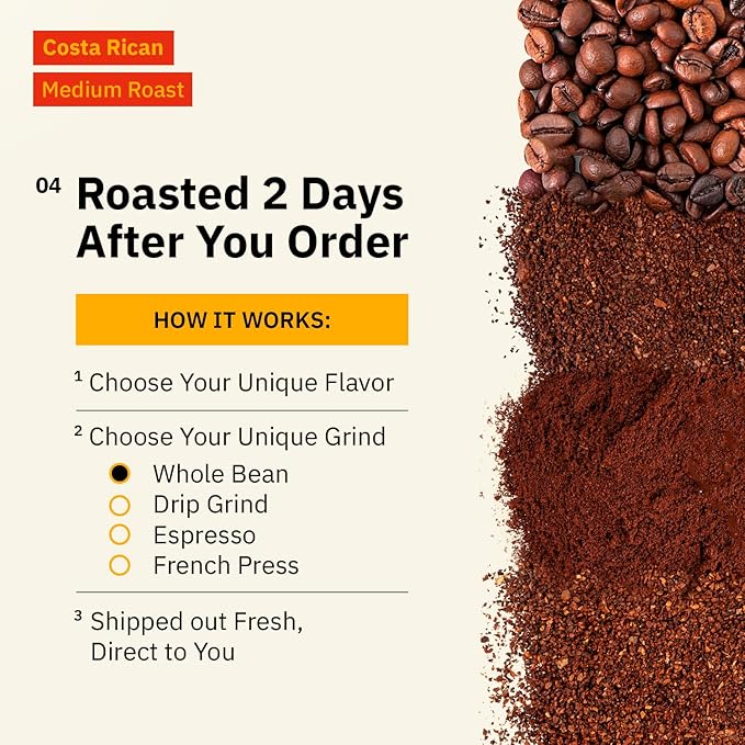 Costa Rican Whole Bean Coffee Medium Roast - 5LB, Single Origin Arabica Coffee Beans from Alajuela, Specialty Grade Fair Trade & Non-GMO, Sweet and Fruity Notes - Freshly Roasted To Order By Kochere