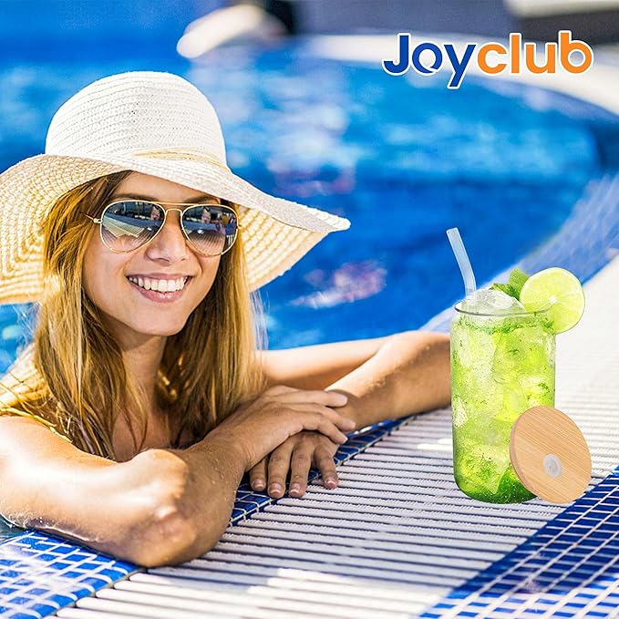 Joyclub Glass Cups with Bamboo Lids and Straws 20 Set 16 oz Reusable Iced Coffee Cup Beer Can Drinking Jars for Smoothie Whiskey Boba Soda Tea Gift