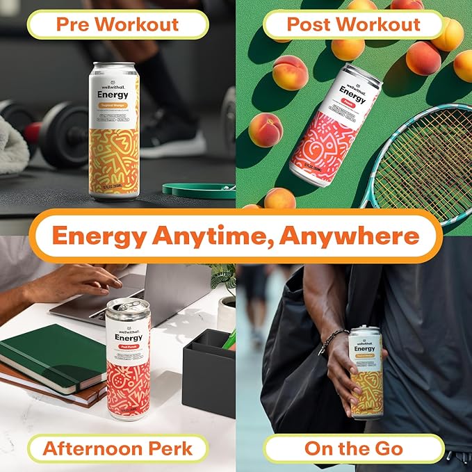 WellWithAll Tropical Mango Energy Drink – Caffeine from Tea – With Vitamin C – Lightly Sparkling Beverage – Fruit & Veggie Juice Blend – 12 Oz (Pack of 12)