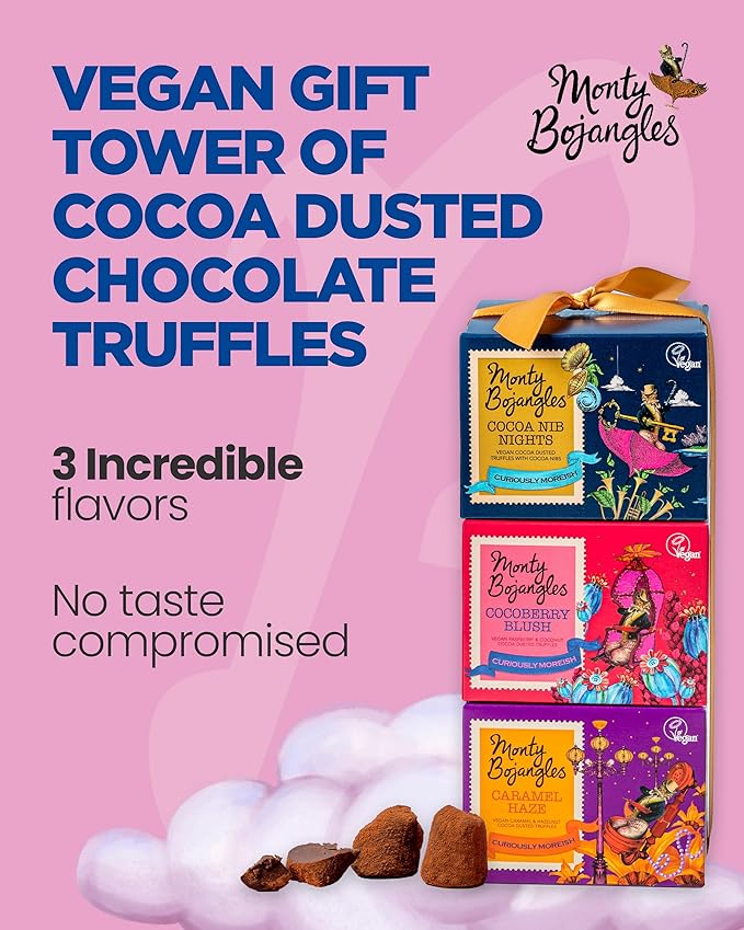Monty Bojangles Vegan Cocoa Dusted Chocolate Truffles Gift Tower (3x3.5oz) - 3 Different Flavors Luxury Chocolatey Truffles Gift Set, Award Winning Truffle, Vegan Chocolate Box With Bespoke Design
