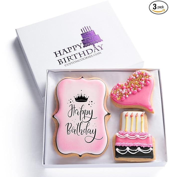 Happy Birthday Gift Basket Custom Sugar Cookies - Happy Birthday Cookies in Gift Box, Hand Decorated Kosher Treats for Women, Her, Wife - Bakery & Dessert Gifts as a Birthday Cake