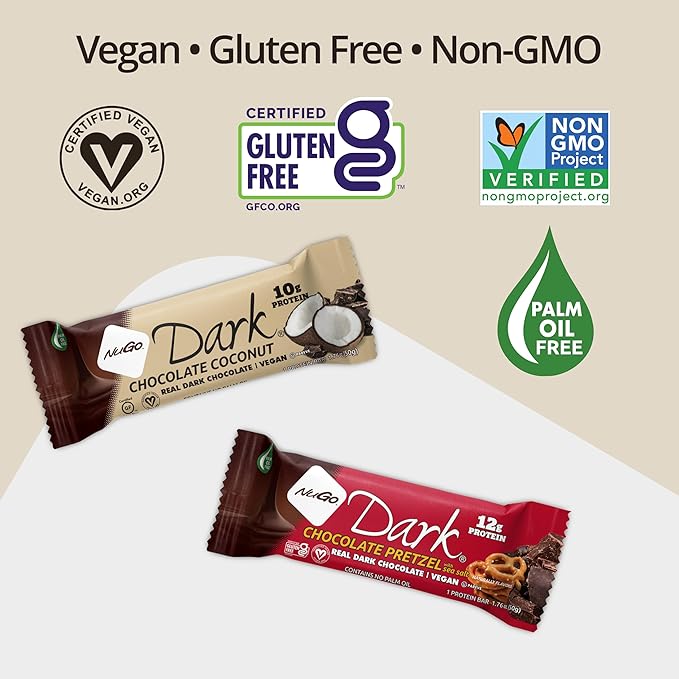 NuGo Dark Chocolate Almond With Sea Salt, 12g Vegan Protein, 200 Calorie, Gluten Free, 12 count