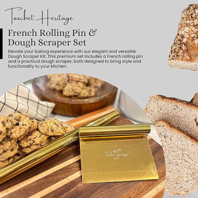 French Rolling Pin and Dough Scraper Set | Gold Bench Scraper Tool | Rolling Pin For Dough | Bread Making Accessories | Metal Bread Dough Cutter | Sourdough Scraper | Rolling Pin for Baking, small