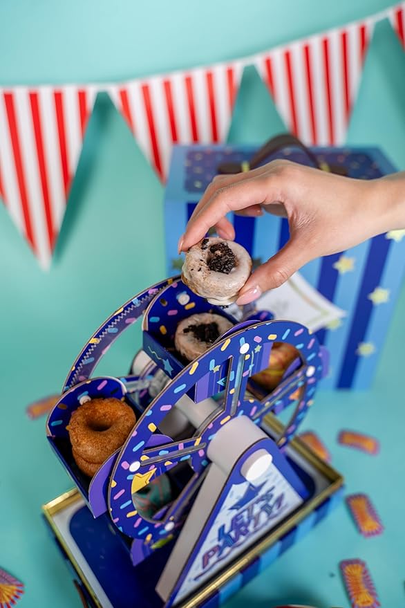 Party Time Mini Donut Ferris Wheel Box by Send A Cake – Ready to Gift, No Assembly Needed – 10 Mini Cake Donuts, Spins, Lights & Music – Fun Birthday & Celebration Gift for Women, Men, Adults, Kids