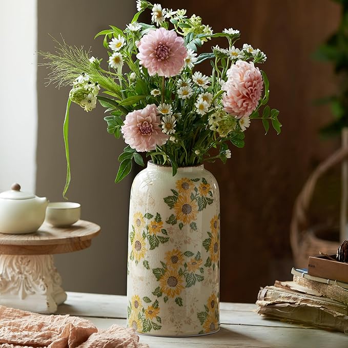 Vintage Ceramic Vase, 10.6 Inch Chinoiserie Sunflower Yellow Floral Vases, Retro Ice Cracked Rustic Antique Flower Vases for Modern Room Bathroom Shelf Home Decor (Large Cylinder)